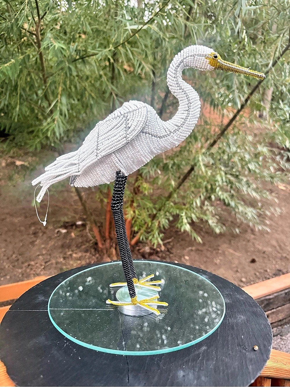 Vintage Beaded Wire Egret Statue – Handmade White Heron Crane Sculpture Decor
